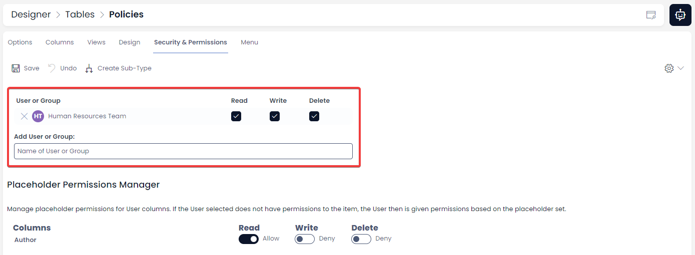 A screenshot that shows how Read, Write, and Delete permissions can be set for an individual, or an entire group of users.